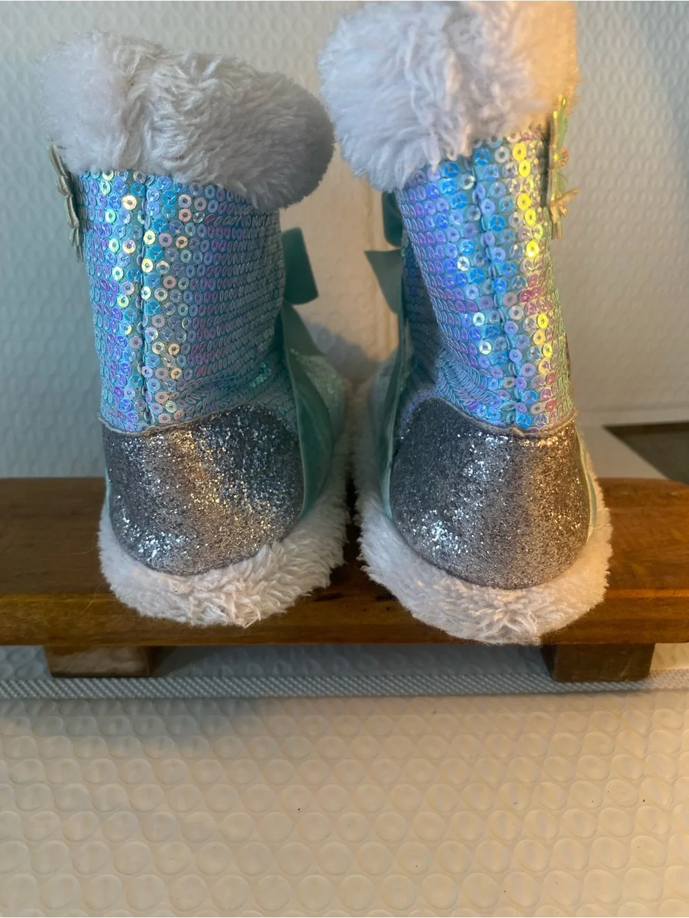 Disney Sequin Light Blue Kids Slipper Boots with Bow and Snowflake